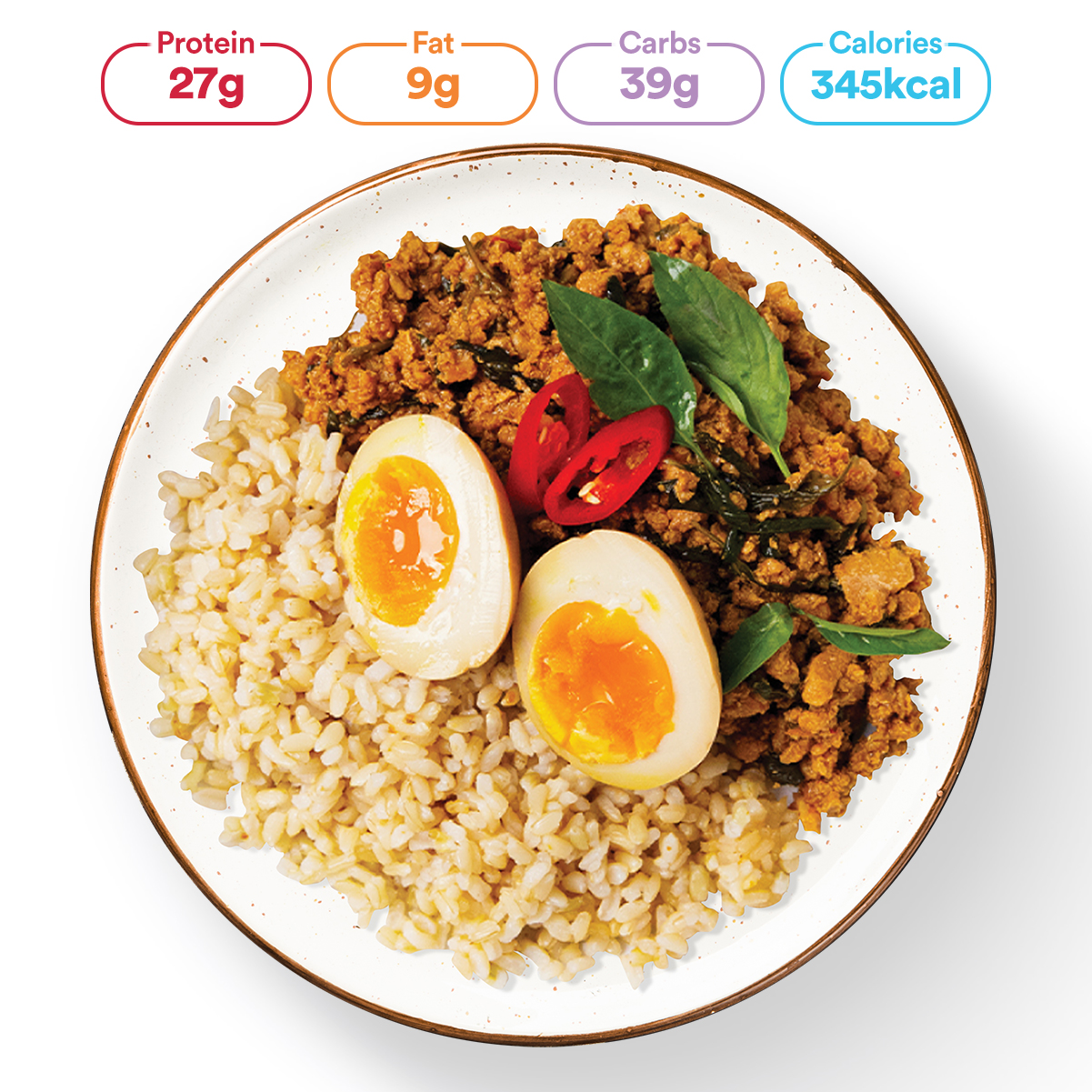 Basil Minced Chicken with Brown Rice and Soy Eggs